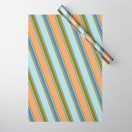 [ Thumbnail: Brown, Green, Powder Blue & Blue Colored Stripes Pattern Wrapping Paper ]