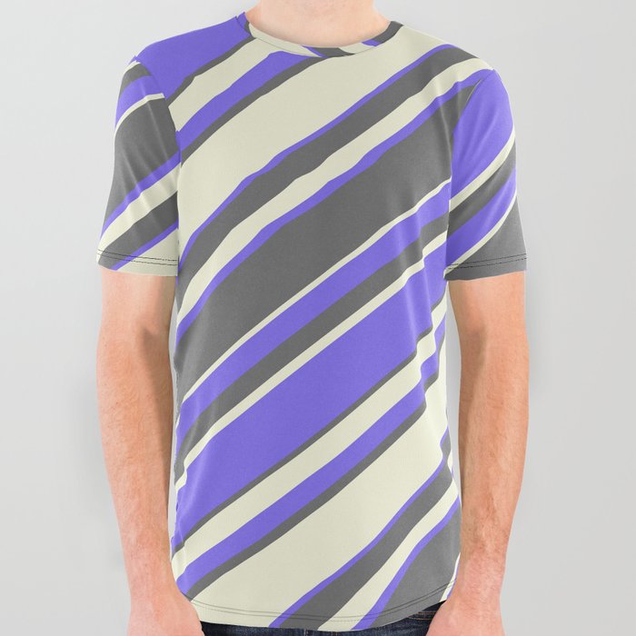 Medium Slate Blue, Dim Gray, and Beige Colored Stripes Pattern All Over Graphic Tee
