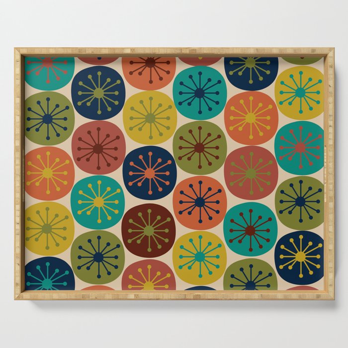 Atomic Dots Pattern in Mid Mod Teal, Orange, Olive, Blue, Mustard, and Beige Serving Tray
