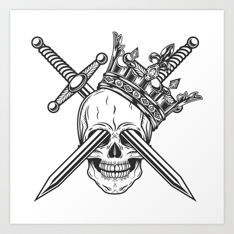 Vintage Prince Skull In Crown With Knight Sword Monochrome