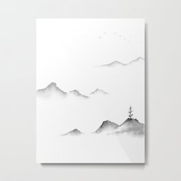 Mountains and Birds in Japanese Ink Landscape Painting Metal Print