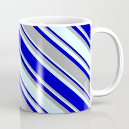 [ Thumbnail: Blue, Dark Grey & Light Cyan Colored Pattern of Stripes Coffee Mug ]