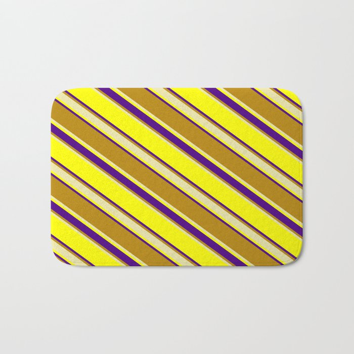Yellow, Indigo, Dark Goldenrod, and Pale Goldenrod Colored Stripes/Lines Pattern Bath Mat