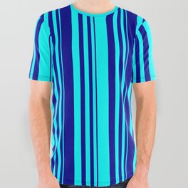 [ Thumbnail: Aqua & Dark Blue Colored Stripes/Lines Pattern All Over Graphic Tee ]