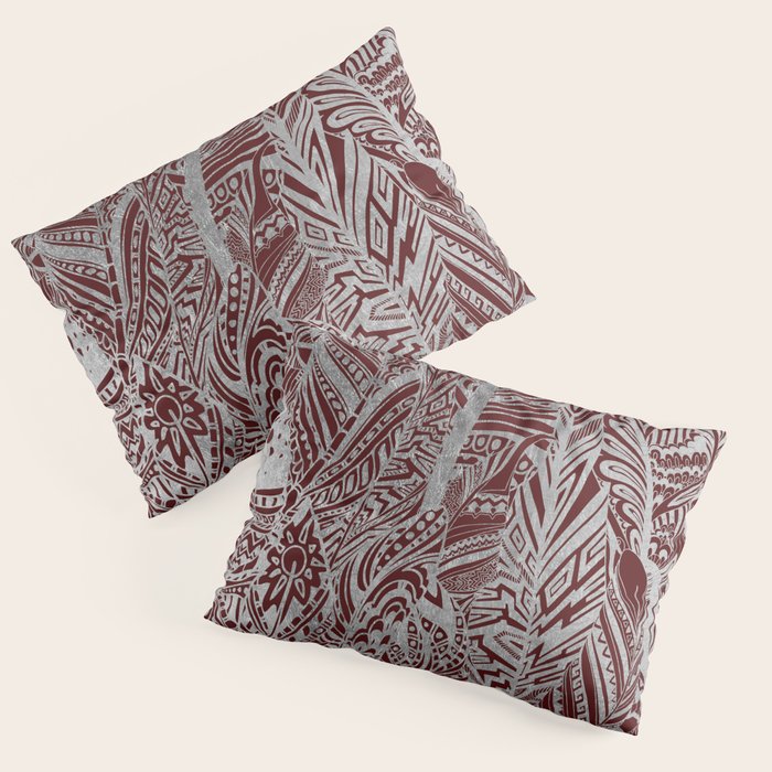 Elegant silver foil burgundy bohemian aztec feathers Pillow Sham by