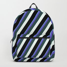 [ Thumbnail: Vibrant Light Sky Blue, Slate Blue, Dark Slate Gray, Mint Cream & Black Colored Lined Pattern Backpack ]