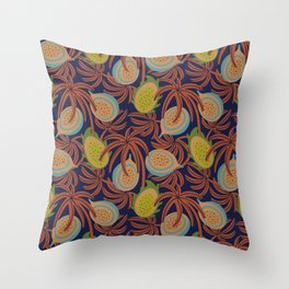 LILIKOI AND DRAGONFRUIT Exotic Tropical Fruit Botanical with Palm Leaves in Rust Brown Blue Green - UnBlink Studio by Jackie Tahara Throw Pillow
