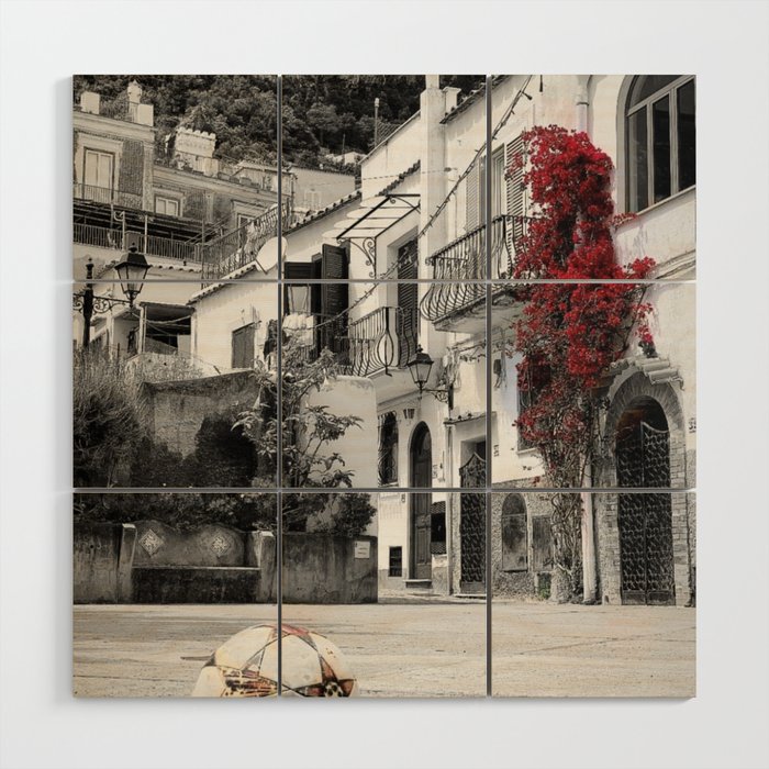 Postcard From Positano (Italy) - A Soccer Ball, a Red Bouganvillea On a Balcony Wood Wall Art