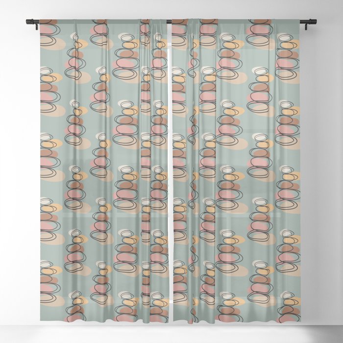 Modern minimalist balancing stones in earth tones illustration on calming green background Sheer Curtain