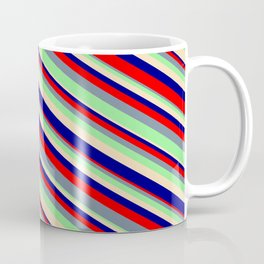 [ Thumbnail: Tan, Blue, Red, Light Slate Gray, and Light Green Colored Stripes/Lines Pattern Coffee Mug ]