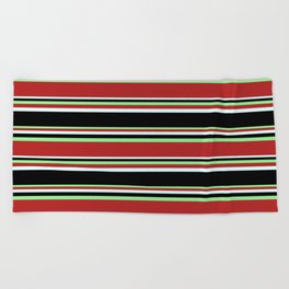 [ Thumbnail: Light Green, Red, Light Cyan, and Black Colored Striped/Lined Pattern Beach Towel ]