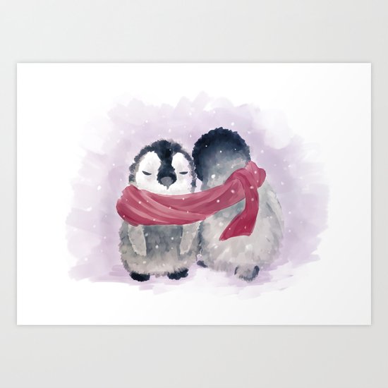 Penguin cuddle Art Print