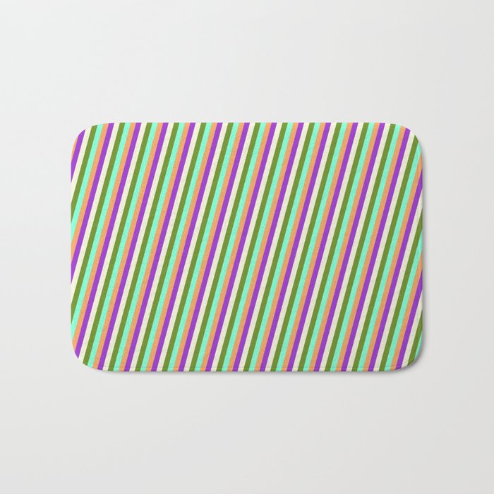 Colorful Beige, Green, Aquamarine, Brown, and Dark Orchid Colored Lines/Stripes Pattern Bath Mat