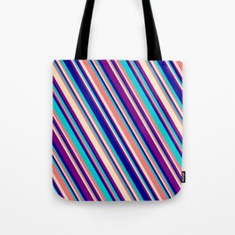 [ Thumbnail: Light Coral, Bisque, Purple, Dark Blue, and Dark Turquoise Colored Lined/Striped Pattern Tote Bag ]