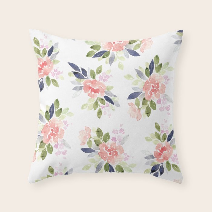 Peach & Nvy Watercolor Flowers Throw Pillow by Katrina Crouch Society6