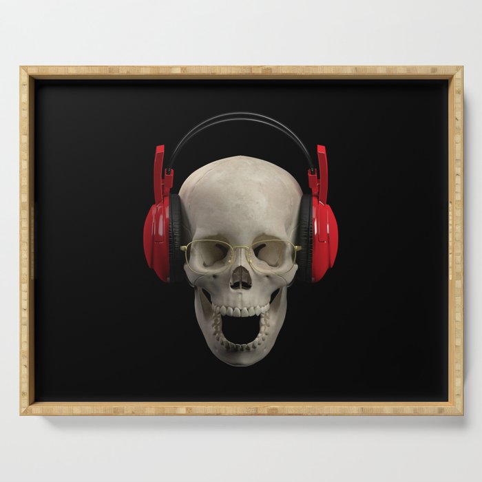 Skull in the headphones wearing glasses Serving Tray