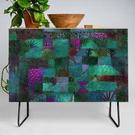 Terraced garden tropical floral  teal blue grotto abstract landscape painting by Paul Klee Credenza