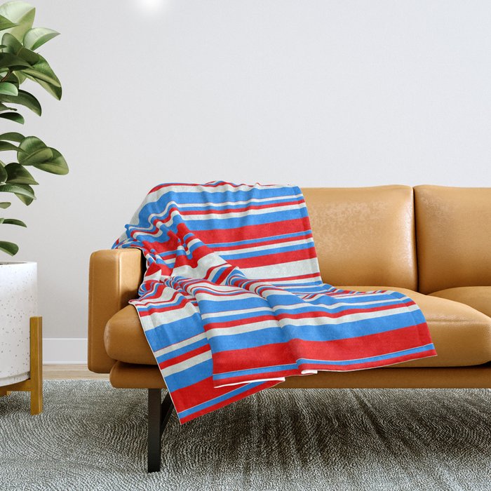 Blue, Red & Mint Cream Colored Stripes Pattern Throw Blanket