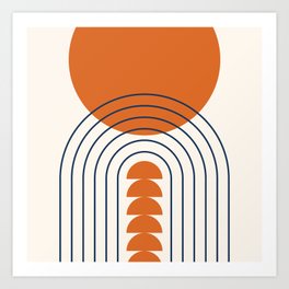 Mid Century Modern Geometric 707 in Orange and Navy Blue Art Print