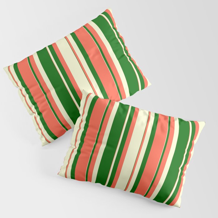 Red, Light Yellow & Dark Green Colored Stripes Pattern Pillow Sham