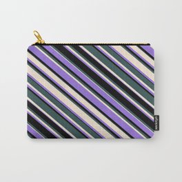 [ Thumbnail: Dark Slate Gray, Beige, Purple & Black Colored Lined Pattern Carry-All Pouch ]