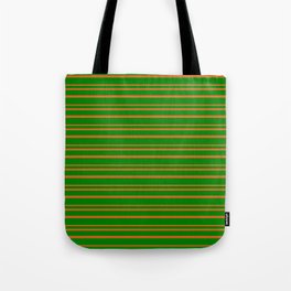 [ Thumbnail: Green & Chocolate Colored Lined/Striped Pattern Tote Bag ]
