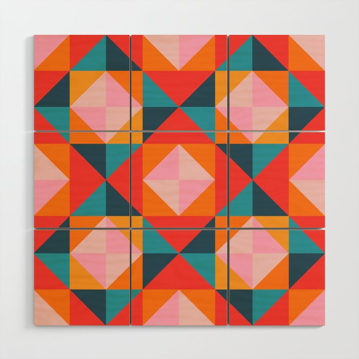 GEOMETRIC SQUARE CHECKERBOARD TILES in SOUTHWESTERN DESERT COLORS CORAL ORANGE PINK TEAL BLUE Wood Wall Art