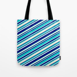 [ Thumbnail: Beige, Blue & Dark Turquoise Colored Striped/Lined Pattern Tote Bag ]