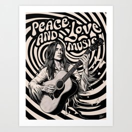 Vintage Grooves - Nostalgic Hippy Musician Playing Acoustic Guitar Art Print