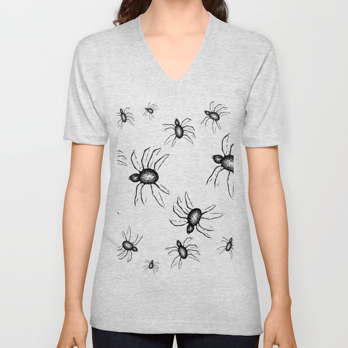 Spiders Everywhere Black and White Halloween Horror V Neck T Shirt