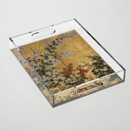 Red White Chrysanthemums Vintage Floral Japanese Gold Leaf Screen Acrylic Tray