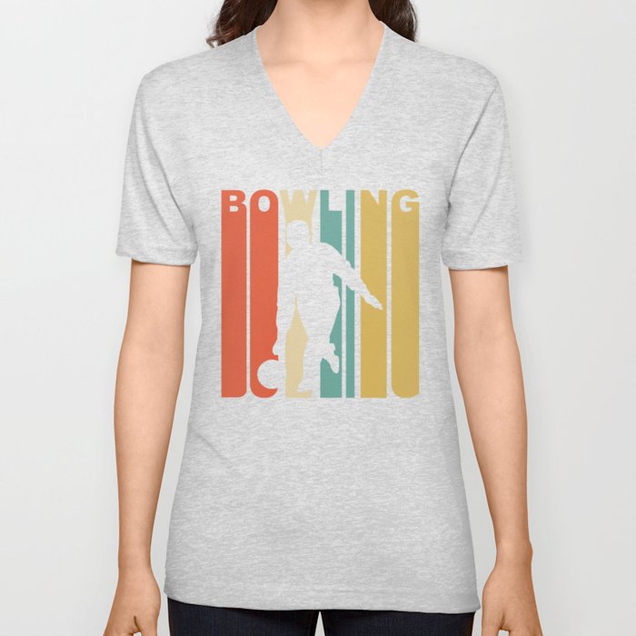 Vintage 1970's Style Bowling Silhouette Retro Bowler V Neck T Shirt
