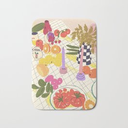 Checkerboard table Bath Mat | Curated, Veg, Kitchen, Painting, Vegetables, Gigi Rosado, Tomatos, Oranges, Fruits, Candles 