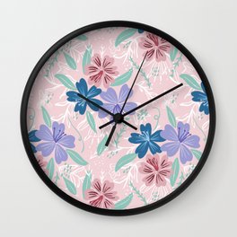 Hibiscus Tropical Pattern - Pink, Periwinkle, Seaglass Wall Clock