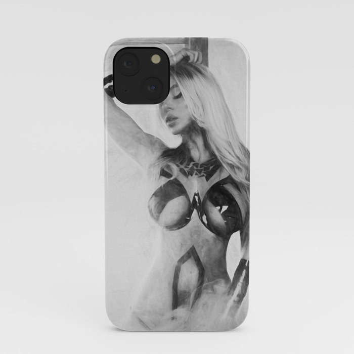 black and white picture of a girl in a black ribbon made by drawing iPhone Case