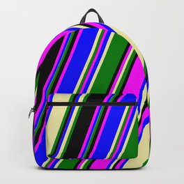 [ Thumbnail: Eye-catching Fuchsia, Blue, Pale Goldenrod, Green, and Black Colored Pattern of Stripes Backpack ]