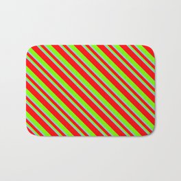 [ Thumbnail: Sky Blue, Red, and Green Colored Stripes Pattern Bath Mat ]