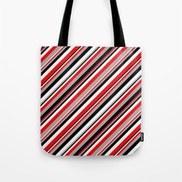 [ Thumbnail: Red, Dark Grey, Black, and Mint Cream Colored Lined Pattern Tote Bag ]