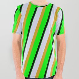 [ Thumbnail: Eyecatching Lavender, Goldenrod, Lime, Black, and Green Colored Lines Pattern All Over Graphic Tee ]