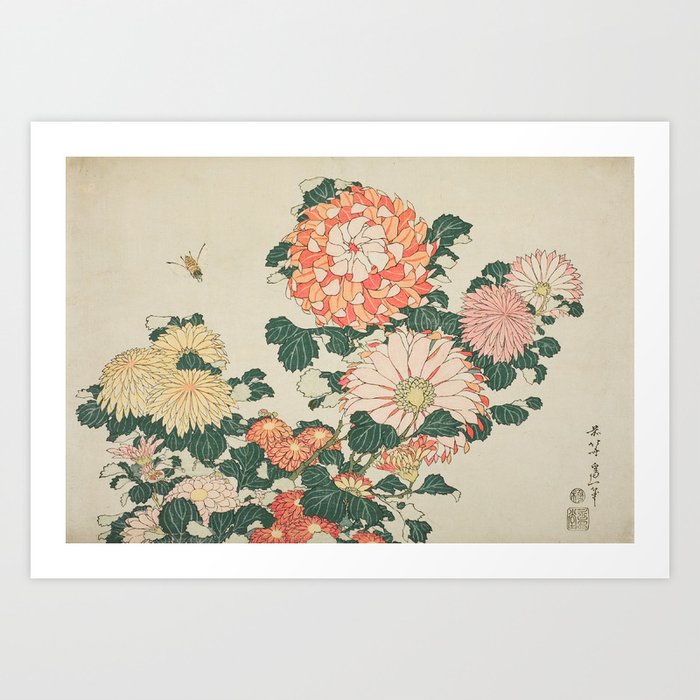 Chrysanthemums and Bee Japanese Woodblock Art Print