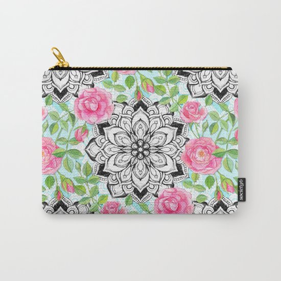 Pink Roses and Mandalas on Sky Blue Lace Carry-All Pouch