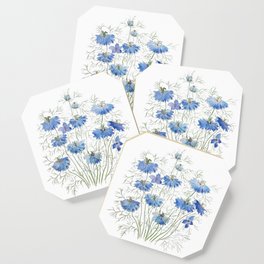 blue purple nigella flowers watercolor Coaster