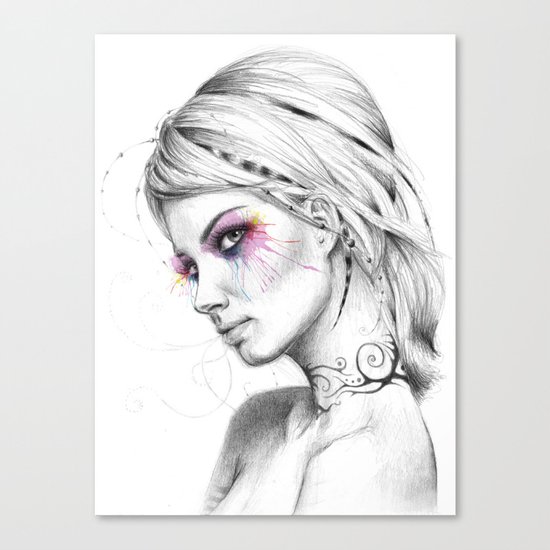 Beautiful Girl with Tattoos and Colorful Eyes Canvas Print