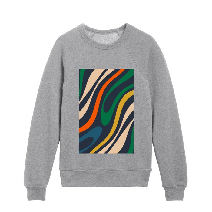 Wavy Loops Retro Abstract Pattern Blue Orange Green Beige Mustard Kids Crewneck