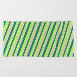 [ Thumbnail: Dark Cyan, Light Green, and Light Pink Colored Lined Pattern Beach Towel ]