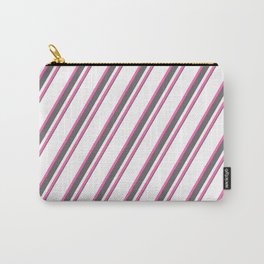 [ Thumbnail: White, Hot Pink & Dim Gray Colored Striped Pattern Carry-All Pouch ]
