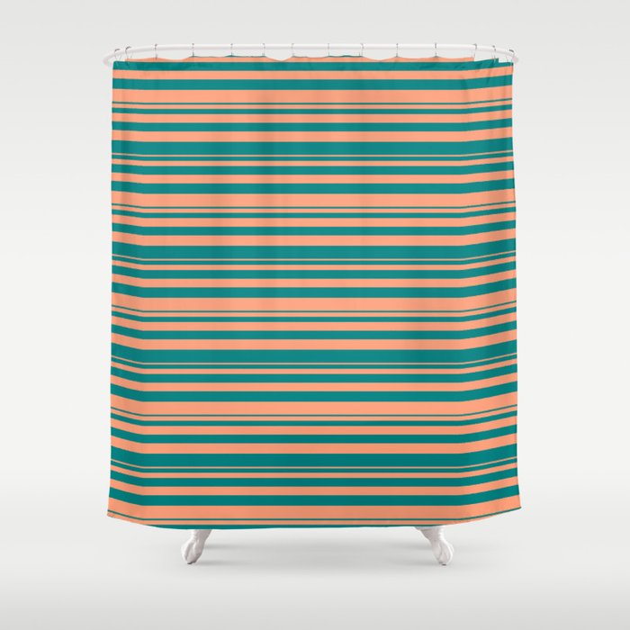 Light Salmon & Teal Colored Stripes/Lines Pattern Shower Curtain