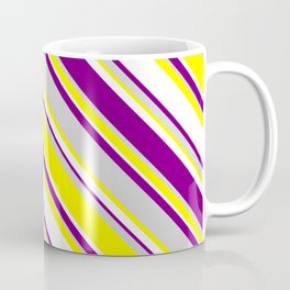 [ Thumbnail: White, Purple, Light Gray & Yellow Colored Lines Pattern Coffee Mug ]