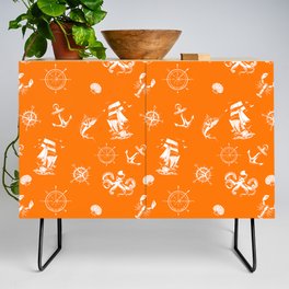 Orange And White Silhouettes Of Vintage Nautical Pattern Credenza