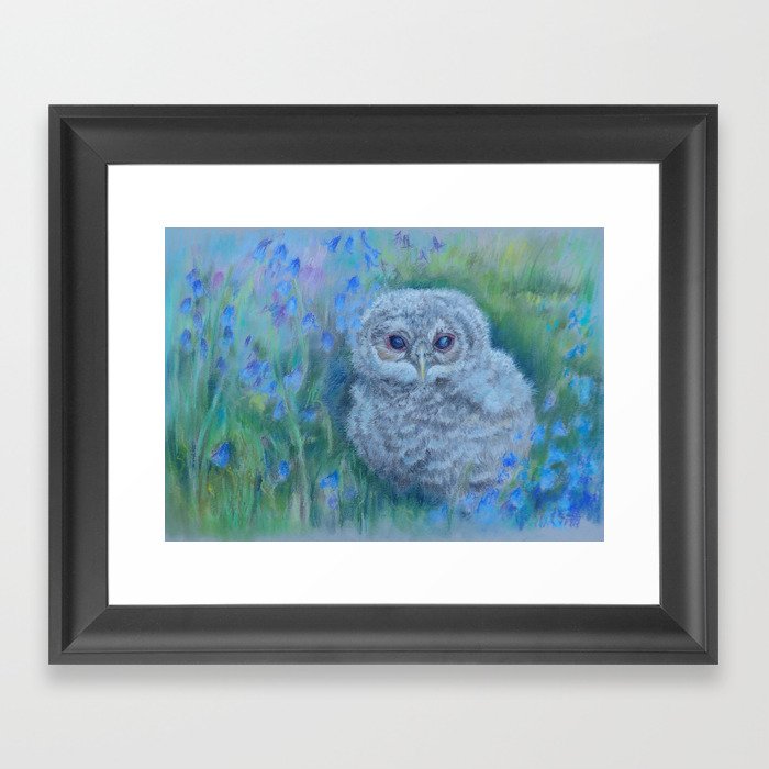 CUTE OWL on the spring meadow Wildlife bird Blue flowers Landscape Framed Art Print